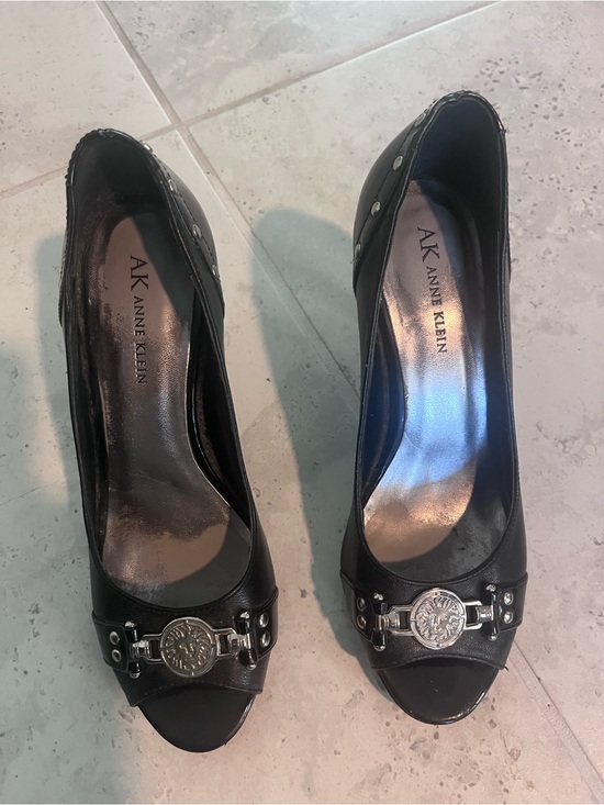 Anne Klein Shoes - Anne Klein Black Leather Peep-Toe Heels with Silver Medallion